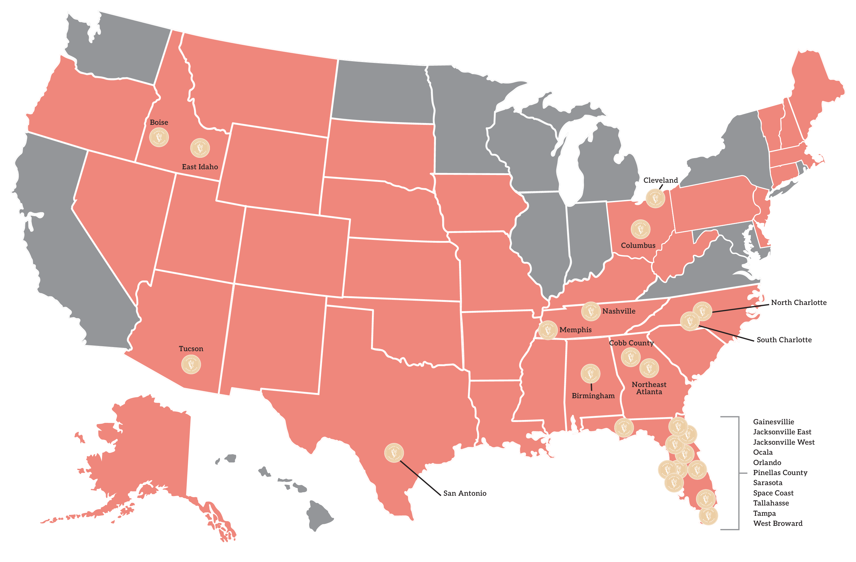 Map of the United States showing TTNA franchise availability by state and 24 current locations, concentrated in the Southeast and Florida.